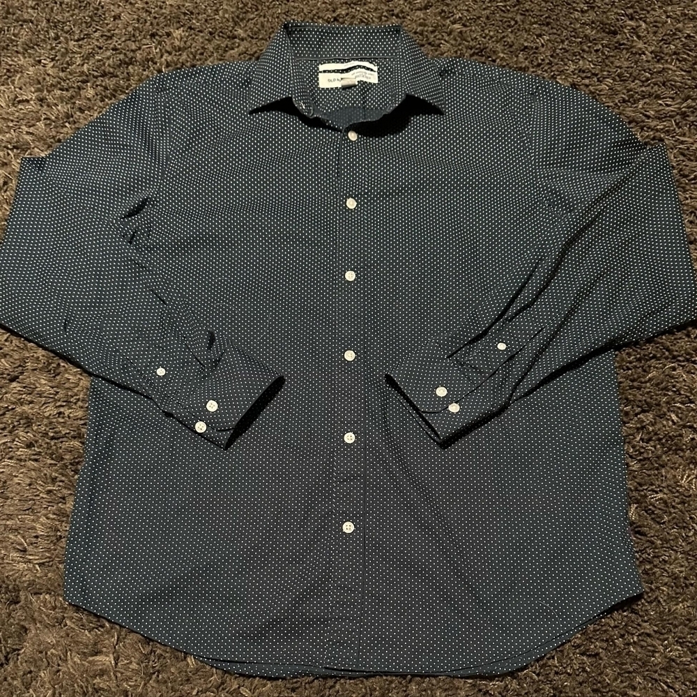 OLD NAVY Long Sleeve Navy Blue White Polka Dot Button Down Casual Shirt Sz. L